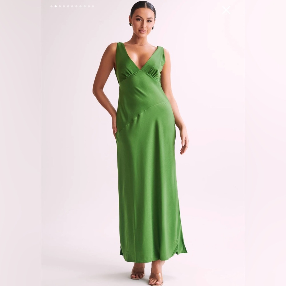 MESHKI Nadia Maxi Satin Dress With Back Cowl in Emerald